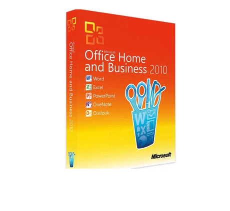 Microsoft Office 2010 Home & Business Software-Suite auf einem Laptop, sichtbare Verpackung mit Logo und Produktbeschreibung