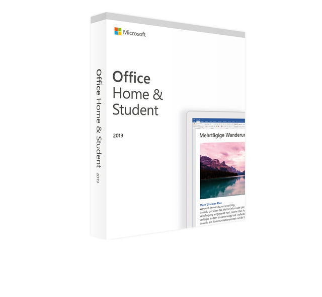 Microsoft Office 2019 Home and Student ESD Software, sichtbare Verpackung mit Software-CD und Installationsanleitung.