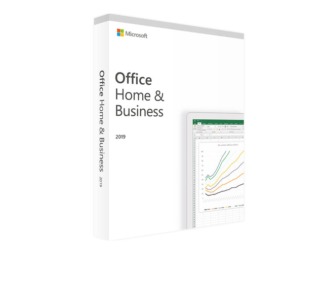 Microsoft Office 2019 Home & Business France Software-Box mit Office-Anwendungen auf dem Bildschirm angezeigt