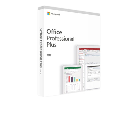 Microsoft Office 2019 Professional Plus Software für Windows, sichtbar auf der Verpackung mit Office-Logo und Produktinformationen.