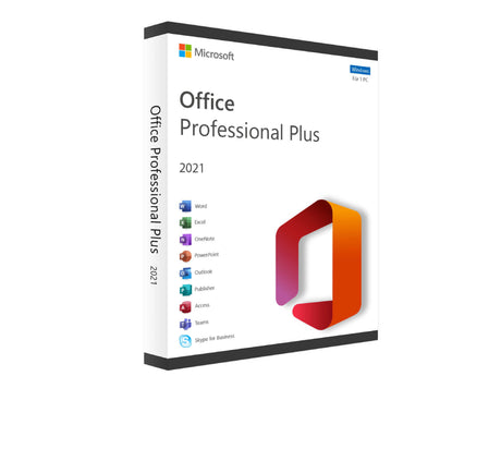 Microsoft Office 2021 Professional Plus Software-Download, sichtbare Verpackung mit Logo und Produktbeschreibung