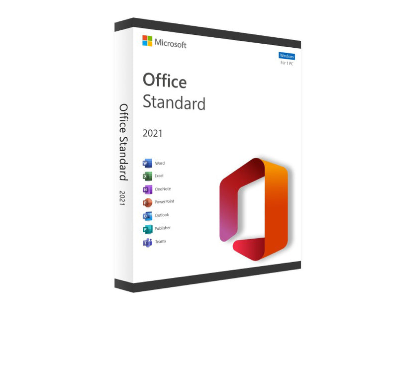 Microsoft Office 2021 Standard für Windows, Software-Box mit Office-Programm im Bild