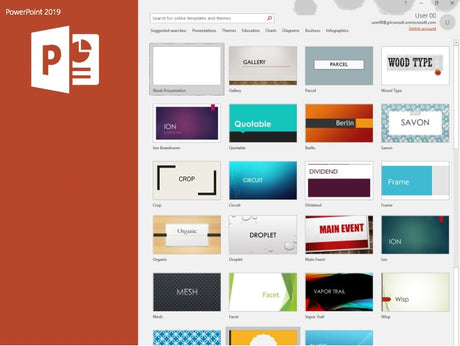 Microsoft PowerPoint 2019 Software-Box mit Logo und Präsentationsdesign auf der Verpackung