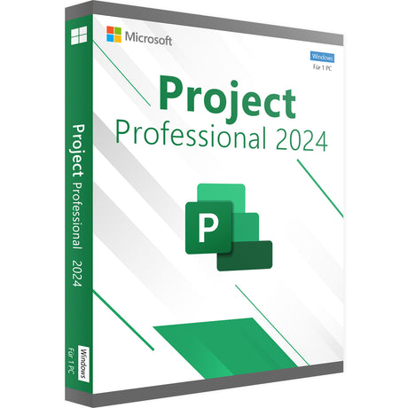 Microsoft Project 2024 Professional für Windows, Software-Box mit Logo und Produktbeschreibung auf der Verpackung