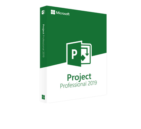 Microsoft Project Professional 2019 Windows Softwarebox, gelb und schwarz, zeigt Produktname und Microsoft-Logo auf der Verpackung