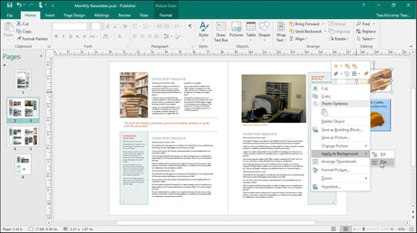 Microsoft Publisher 2019 Software für Windows, Bildschirmansicht mit Benutzeroberfläche und Designwerkzeugen.