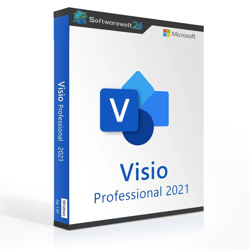 Microsoft Visio 2021 Professional Software für Windows, Bildschirmaufnahme mit Visio-Logo und Benutzeroberfläche.