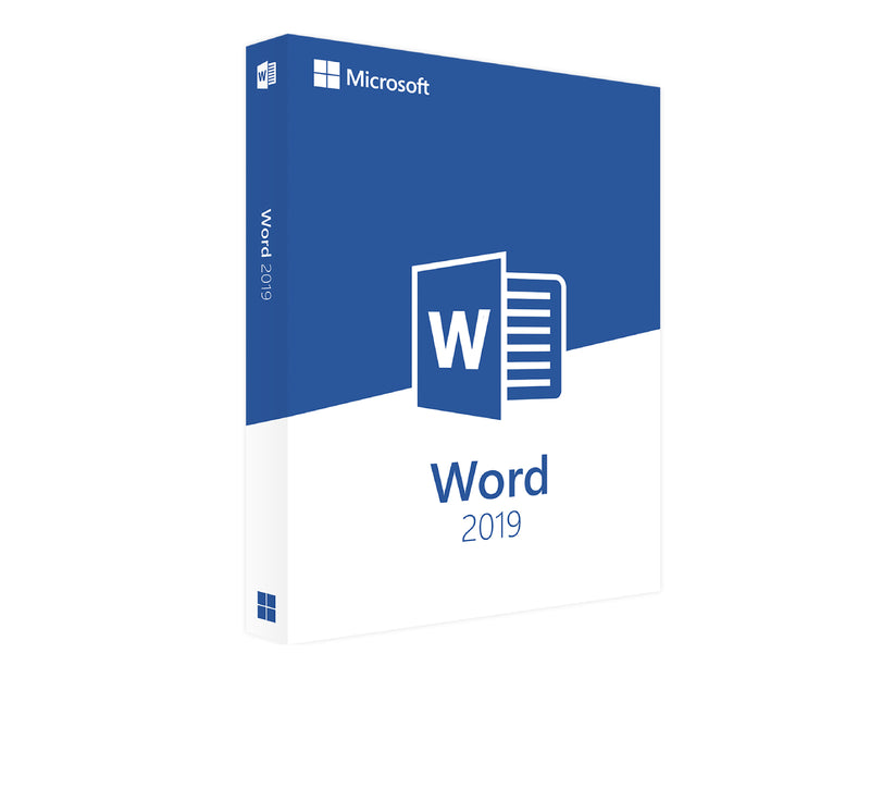 Microsoft Word 2019 software box featuring the logo and design elements of the Microsoft brand.