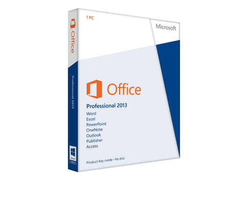 Microsoft Office 2013 Professional Paket mit Word, Excel, PowerPoint und Windows-Icons auf einem weißen Hintergrund.