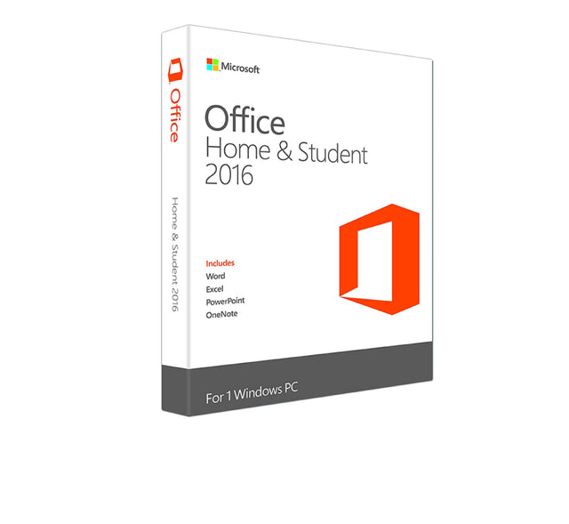 Microsoft Office 2016 Home & Student software box with key features, designed for Windows computers.