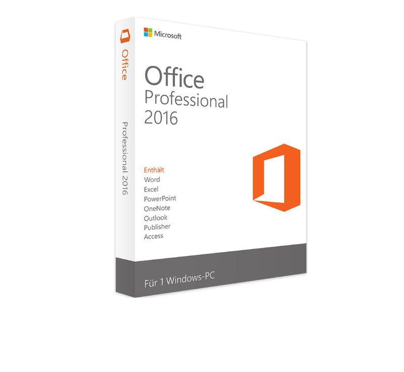 Microsoft Office 2016 Professional ESD-Software, sichtbare Verpackung mit Logo und Produktbeschreibung auf der Verpackung