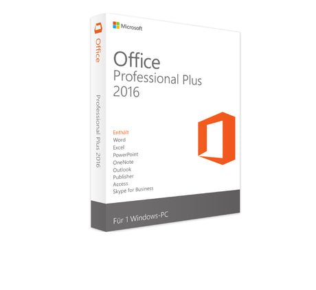 Microsoft Office 2016 Professional Plus Software-Box, inklusive Installationsmedien und Produktaktivierungsschlüssel.