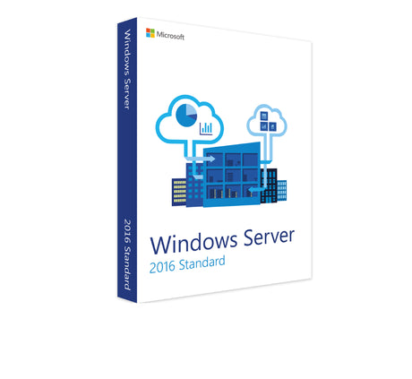 Microsoft Windows Server 2016 Standard ESD, Software-Box mit Installations-CD und Handbuch auf einem Tisch.