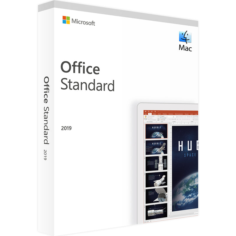 Microsoft Office 2019 Standard für Mac, geöffnetes Software-Paket mit Installations-CD und Benutzerhandbuch.