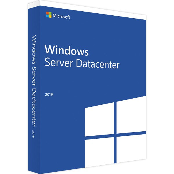 Microsoft Windows Server 2019 Datacenter Software-Box, schwarzes Design mit Logo und Produktname auf der Verpackung