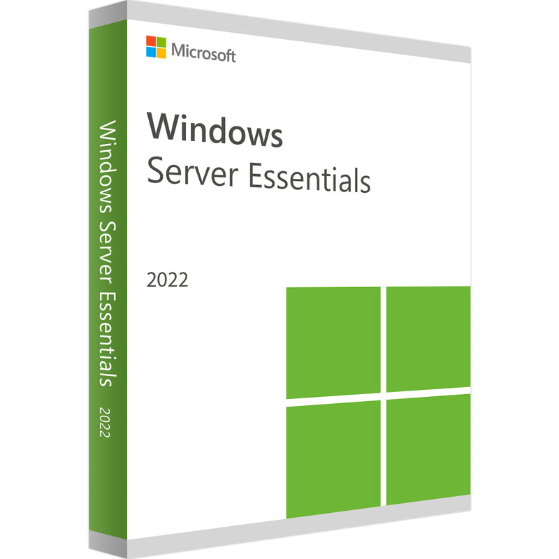 Microsoft Windows Server 2022 Essentials Logo auf einem schwarzen Hintergrund, zeigt das Produkt-Icon und -Name.
