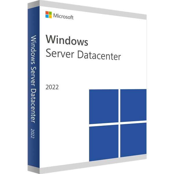 Microsoft Windows Server 2022 Datacenter Lizenz mit 24 Kernen, Software-Box mit Logo auf weißem Hintergrund