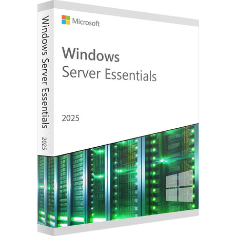 Microsoft Windows Server 2025 Essentials Logo auf schwarzem Hintergrund, Software-Produktbild.
